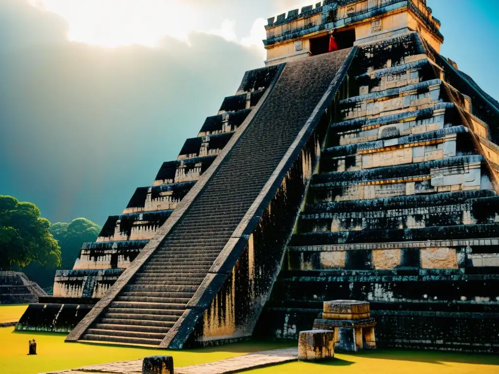 Detalles arquitectónicos del Templo de Kukulcán en Chichen Itzá resaltados por luces y sombras