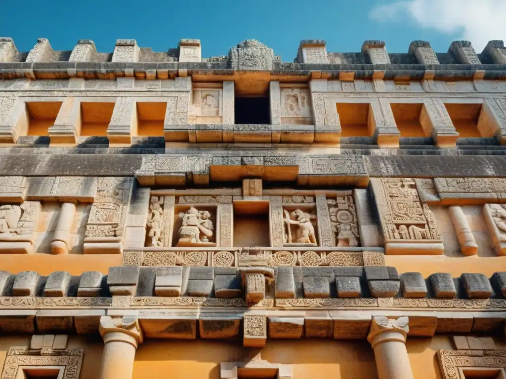 Detalles arquitectura y astronomía maya en fachada de Palacio del Gobernador en Uxmal