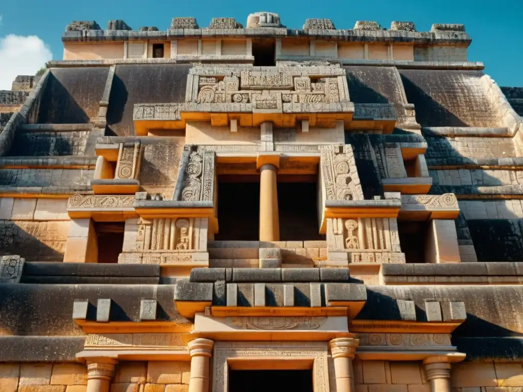 Detalles de la arquitectura y astronomía maya en El Palacio del Gobernador en Uxmal, iluminados por la luz solar