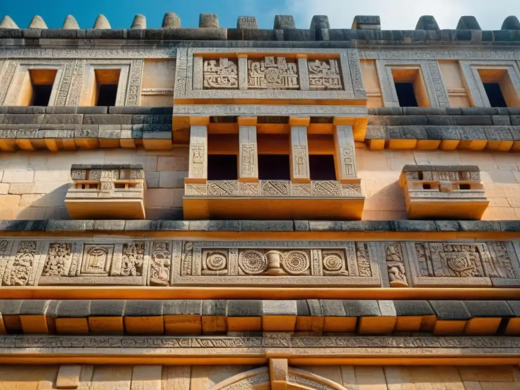 Detalles arquitectura maya en Uxmal: tallados y patrones geométricos en el Palacio del Gobernador destacan en luz y sombra