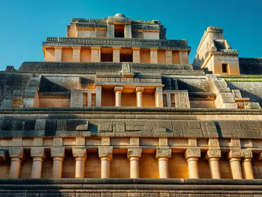 Detalles de la arquitectura maya en Uxmal: intrincadas tallas en piedra con patrones geométricos y símbolos antiguos, iluminados por la luz del sol