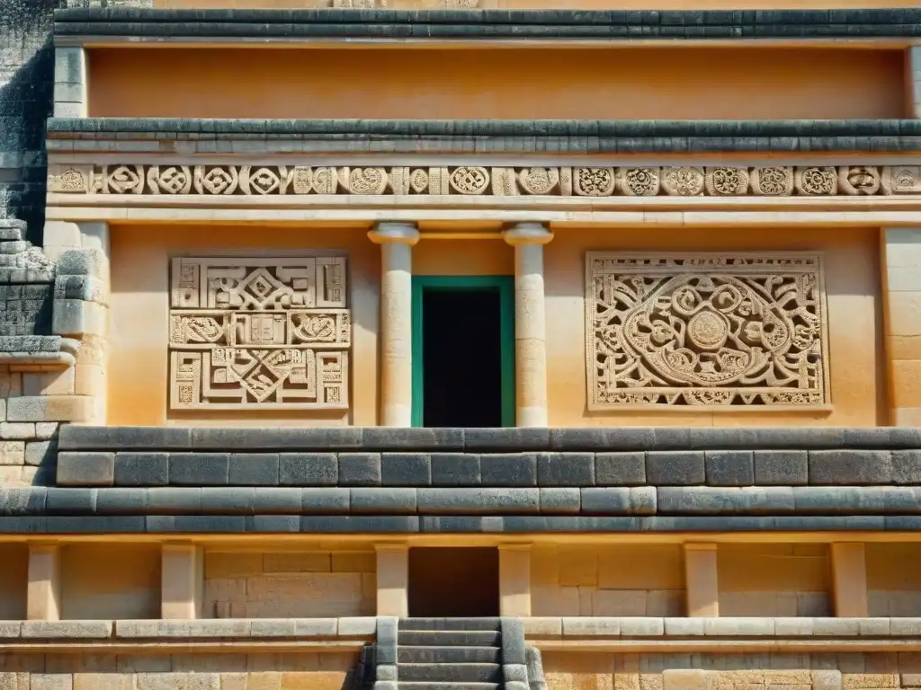 Detalles de la arquitectura maya en Uxmal: fachada tallada con patrones geométricos y figuras simbólicas, juego de luz y sombra en piedra
