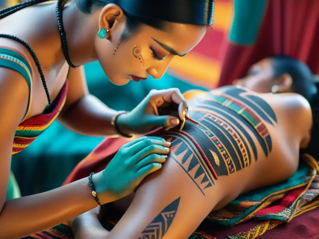 Detalles de arte corporal en civilización maya: ceremonia de modificación corporal con escarificación precisa