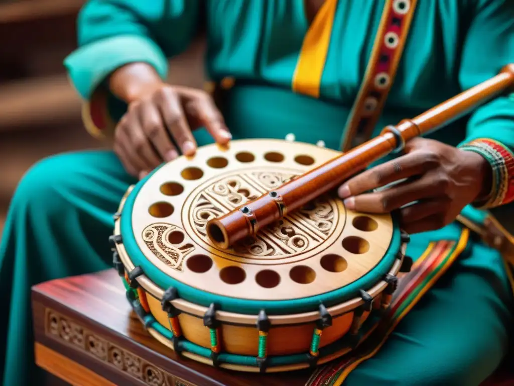 Detalles artísticos de un instrumento musical maya, resaltando la textura, patrones y significado cultural