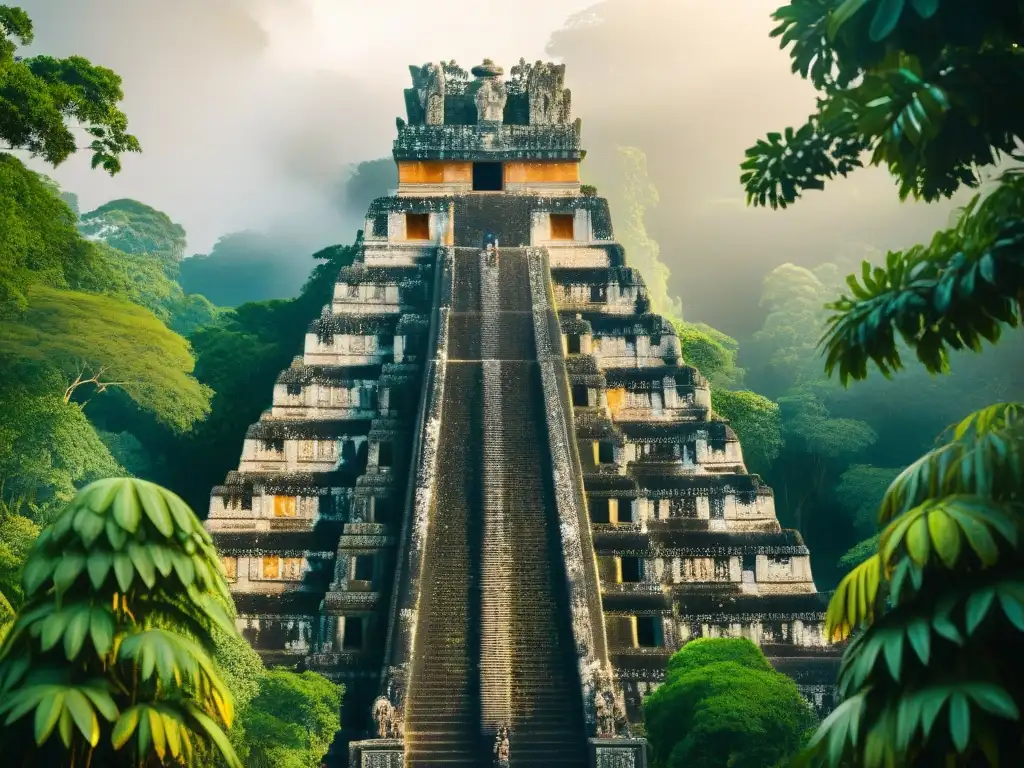 Detalles asombrosos de las esculturas en piedra en ruinas mayas de Tikal, narrando hazañas de Hun Hunahpú bajo la luz dorada del sol en la selva