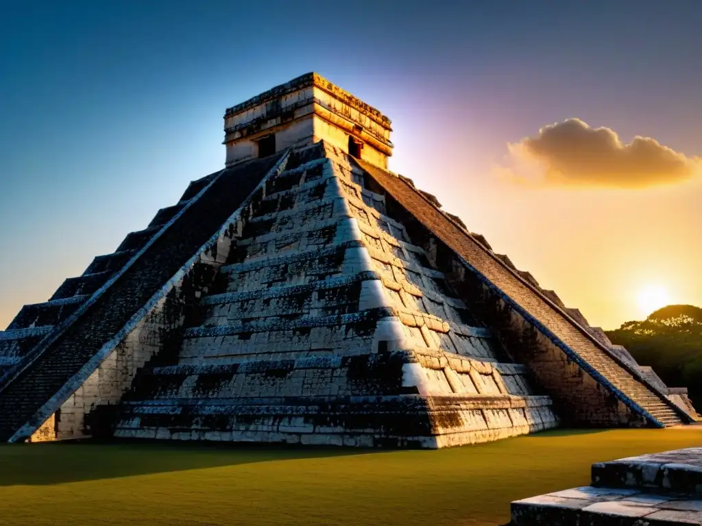 Detalles asombrosos del Templo de Kukulkán en Chichén Itzá al atardecer, proyectando la sombra de una serpiente