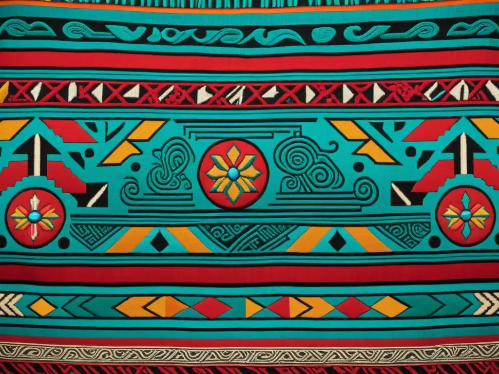 Detalles de bordado maya con simbolismo y colores vibrantes en textil