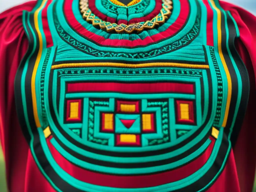 Detalles bordados en vestimenta ceremonial maya: patrones geométricos en colores turquesa, oro y carmesí resaltan la artesanía y cultura