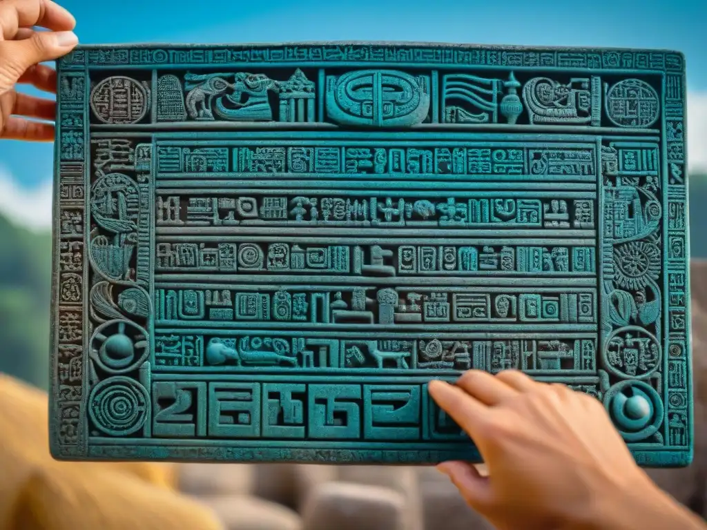 Detalles del calendario maya contemporáneo significado tallados en piedra, sostenidos sobre un sitio arqueológico maya bajo un cielo azul claro