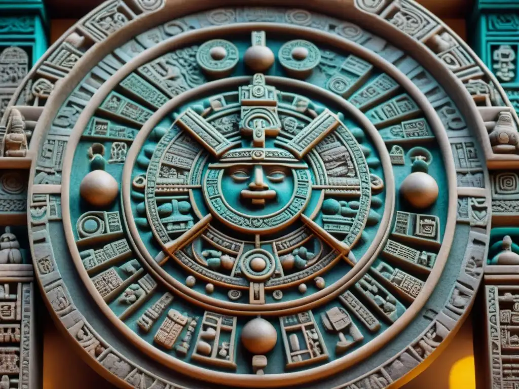 Detalles del calendario maya: tallados e símbolos celestiales bajo luz natural