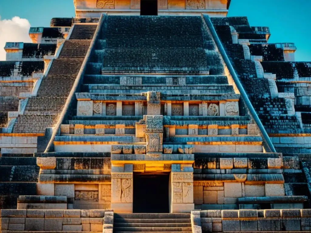 Detalles celestiales en la arquitectura maya del Templo de Kukulcán en Chichén Itzá, mostrando la conexión celestial arquitectura maya