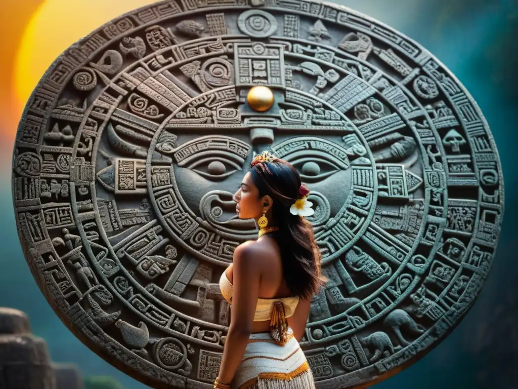 Detalles celestiales: el calendario maya tallado con precisión, bañado en luz dorada