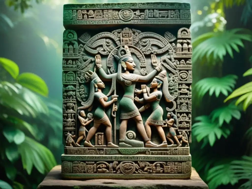 Detalles celestiales y figuras mitológicas talladas en estela maya, rodeadas de exuberante vegetación