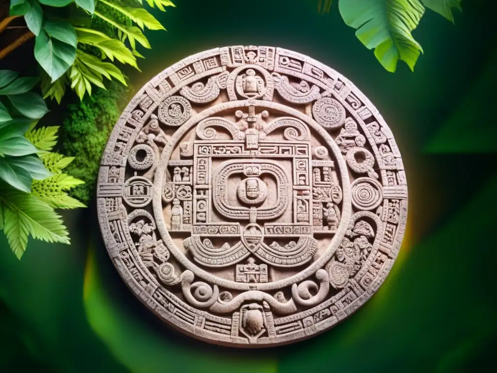 Detalles celestiales y mitológicos en el calendario maya, entre antiguas ruinas y exuberante selva, conectando con la conexión cósmica