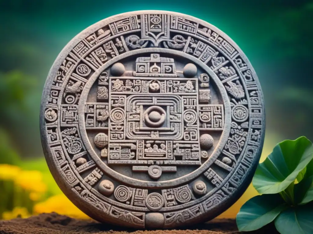 Calendario agrícola maya: simbolismo celestial y artesanía Detalles celestiales y patrones agrícolas en una piedra calendario Maya, fusionando astronomía y agricultura en cálida luz natural