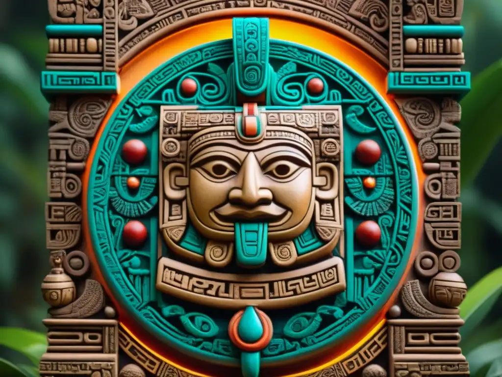 Detalles coloridos de una estela maya con diseño intrincado que simbolizan el Código Ético Maya