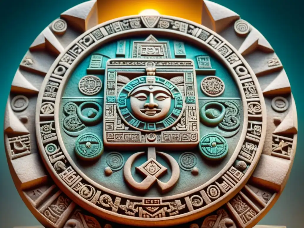 Detalles coloridos y símbolos mayas en calendario tallado, interpretación calendarios mayas simbolismo