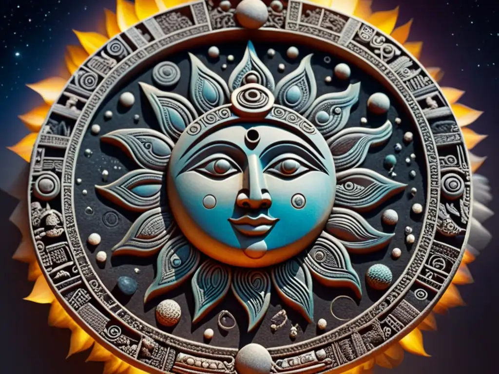 Detalles cósmicos: tallado maya del sol y la luna, con eclipses sutiles