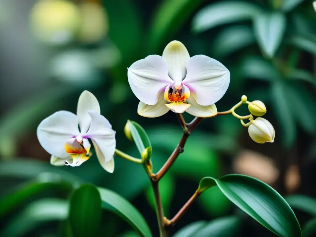 Detalles delicados de orquídea vainilla en flor, resaltando su belleza en cultivo