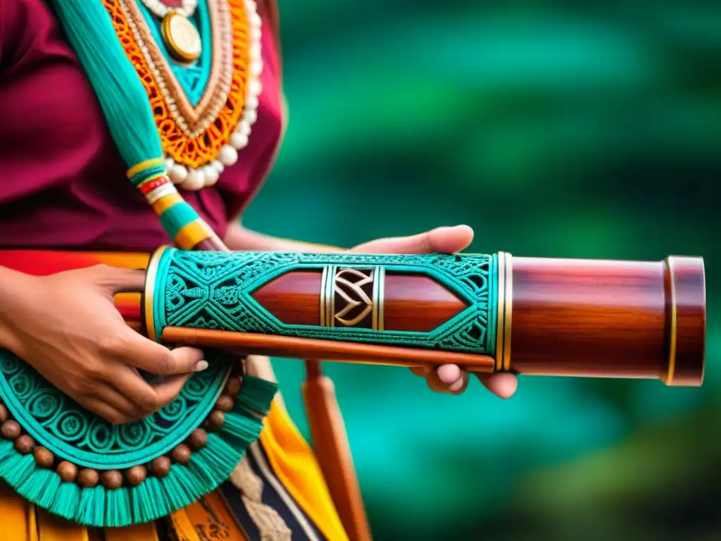 Detalles divinos de instrumentos musicales mayas con artesanía y colores vibrantes