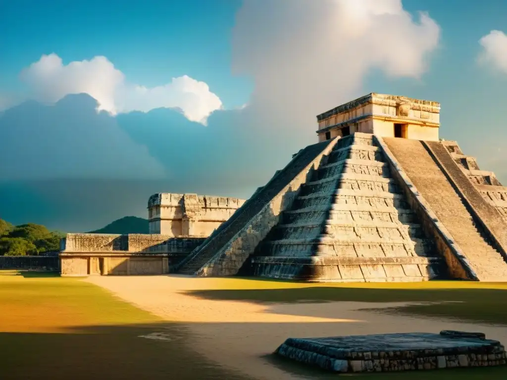 Detalles dorados de la geometría sagrada en arquitectura maya en templo de Chichén Itzá