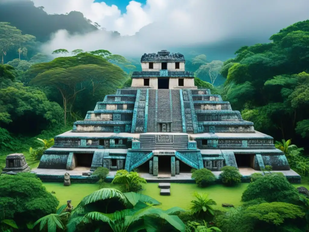 Detalles de la esclavitud en la civilización maya: ruinas antiguas, inscripciones y esculturas de piedra, entre exuberante vegetación y cielo azul