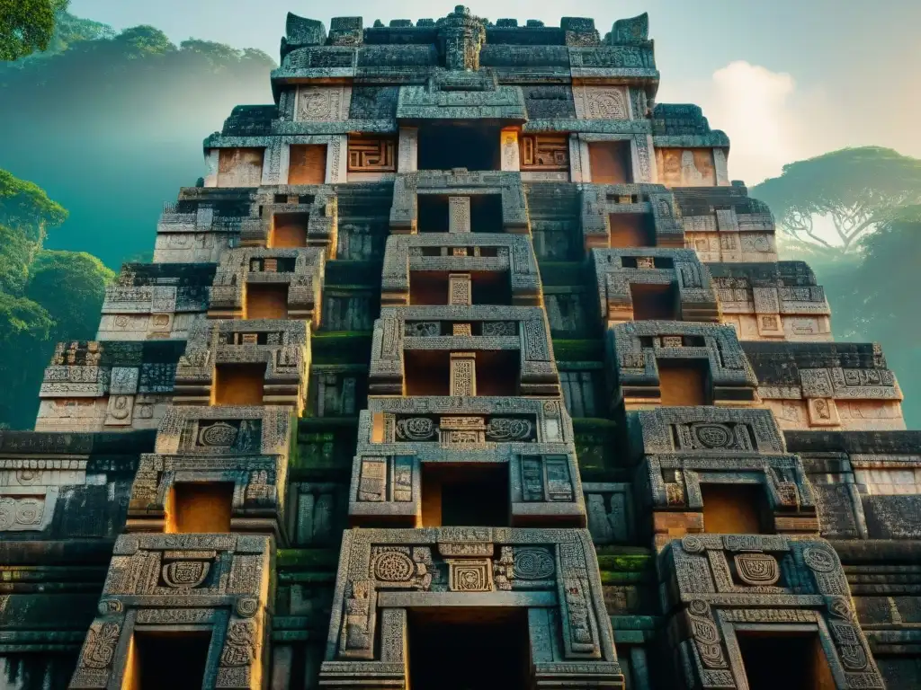 Detalles esculpidos en piedra de un majestuoso templo maya, mostrando la ingeniería y tecnología de su construcción