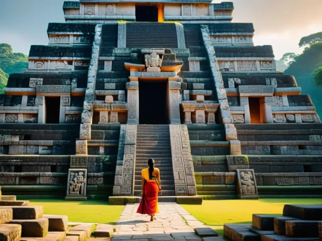 Detalles esculturales de templo maya resaltan en la luz y sombra