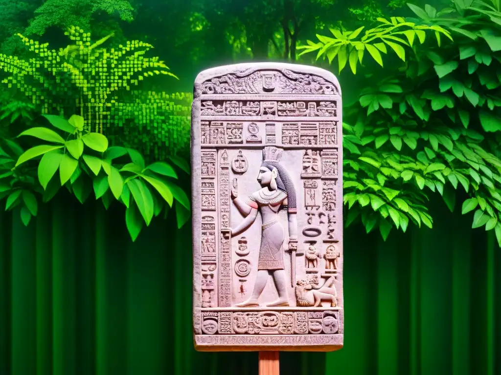 Estela Maya: Embajadas Históricas en la Selva Detalles de una estela maya con hieroglifos y tallados, reflejando la diplomacia maya y sus prácticas culturales en la jungla exuberante