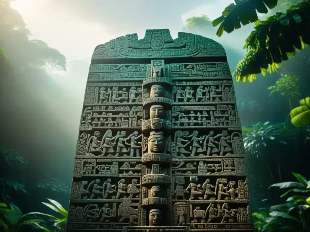 Detalles de estela maya en la jungla resaltan la importancia de estos monumentos en la historia y cultura maya