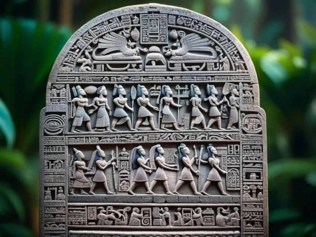 Detalles de la estela en Dos Pilas, mostrando el arte maya y la historia del reino, en medio de la selva exuberante