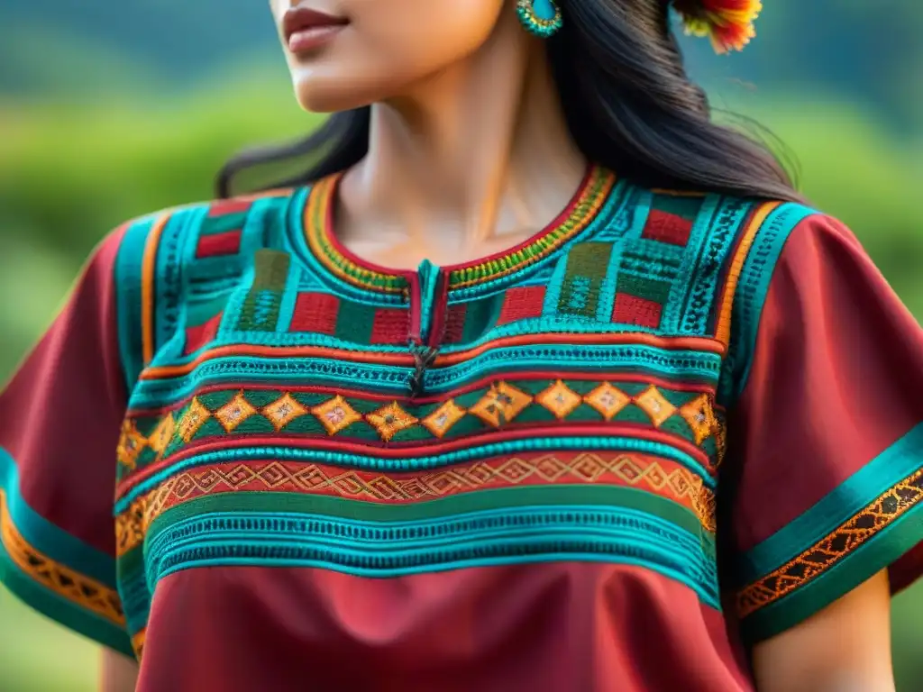 Detalles exquisitos de un huipil maya en tonos tierra con bordados y abalorios