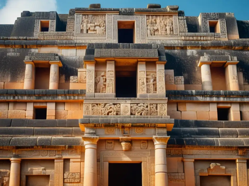 Detalles de las fachadas del Palacio del Gobernador en Uxmal con la luz de la tarde resaltando los patrones geométricos y motivos simbólicos