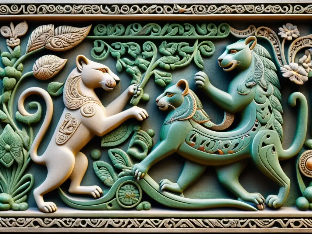 Detalles de fauna en relieves mayas: jaguares, monos y quetzales tallados con maestría en piedra antigua, iluminados por luz cálida