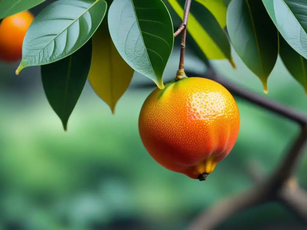 Detalles del fruto nance maduro colgando de un árbol, resaltando su vibrante color amarillo anaranjado y forma redonda