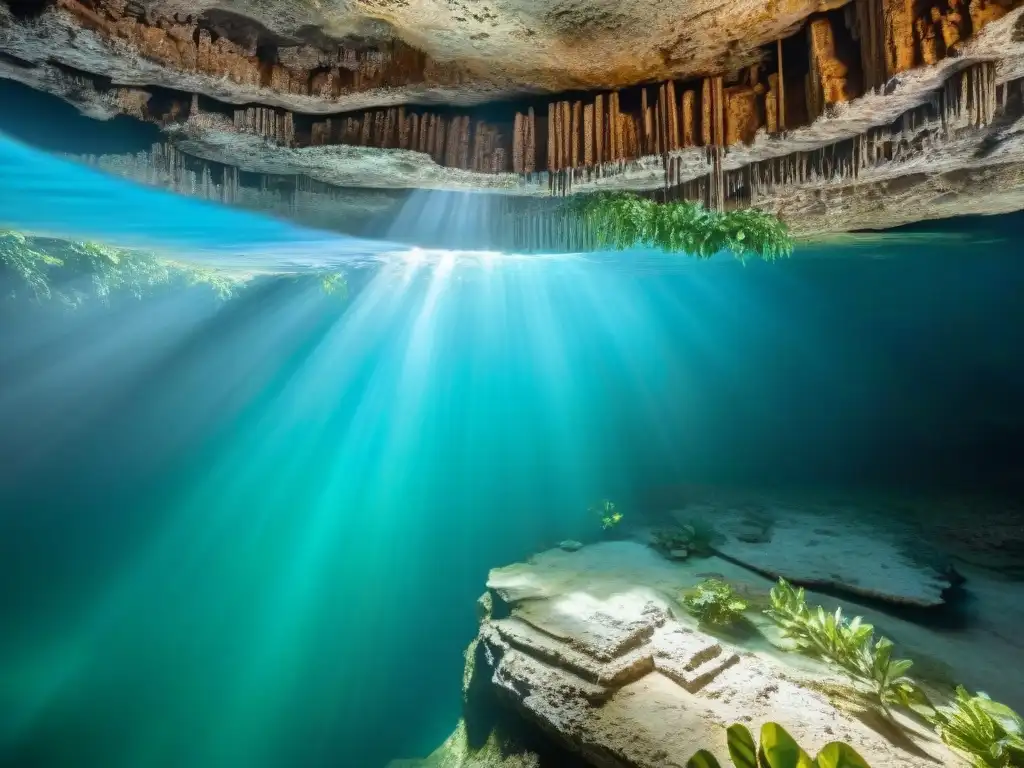 Detalles grabados en las paredes de una cueva de cenote, resaltando la importancia cultural y ritual para los mayas