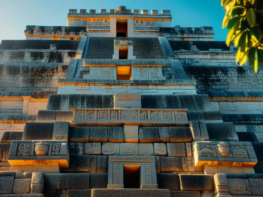 Detalles grabados en piedra del Templo de Kukulcán en Chichén Itzá, con sombras dramáticas