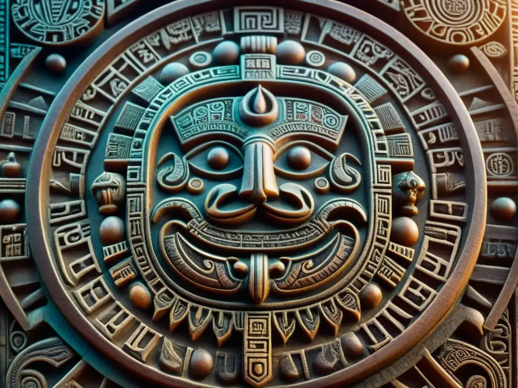 Detalles impresionantes del calendario maya tallado en piedra, destacando los sistemas calendáricos artefactos mayas
