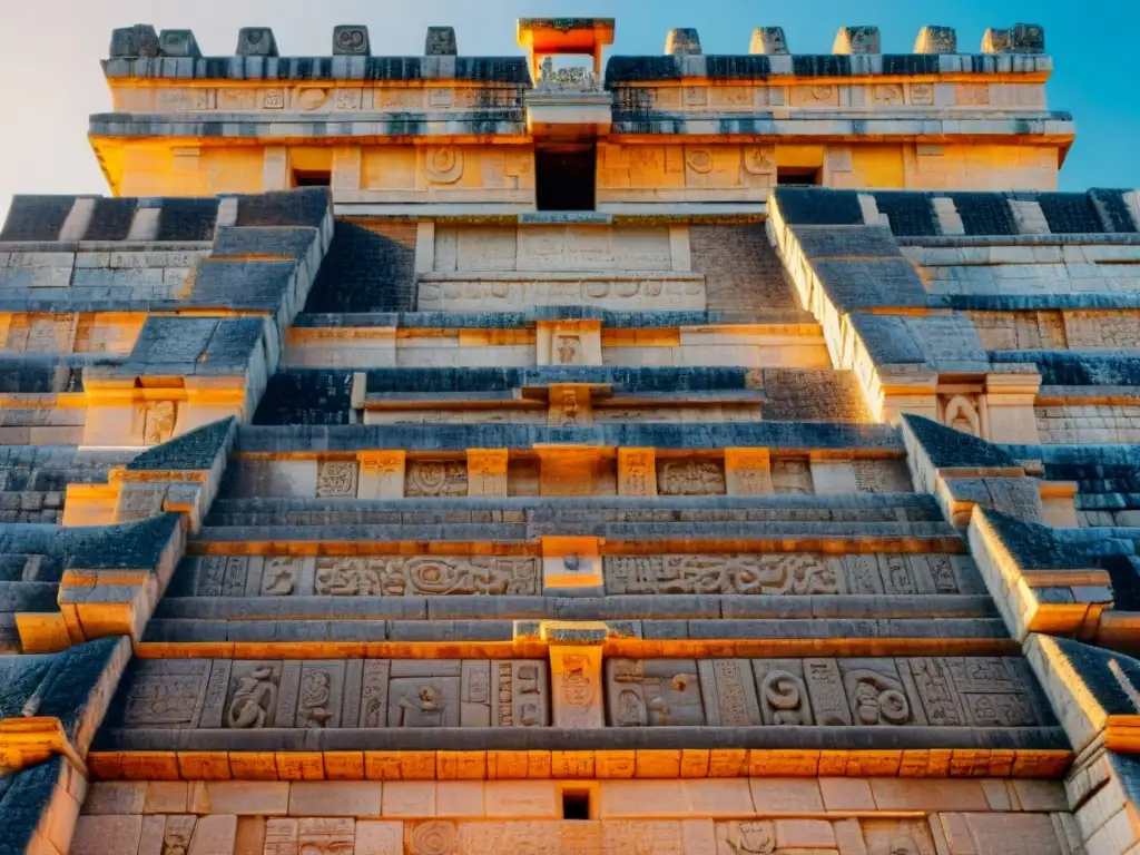 Detalles impresionantes de las decoraciones del templo maya El Castillo en Chichen Itzá al atardecer, mostrando escenas astronómicas