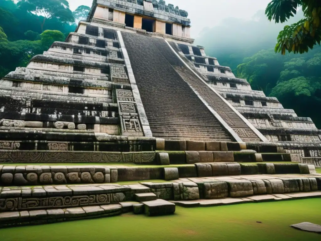 Detalles impresionantes de las esculturas en la base del Templo de las Inscripciones en Palenque, México