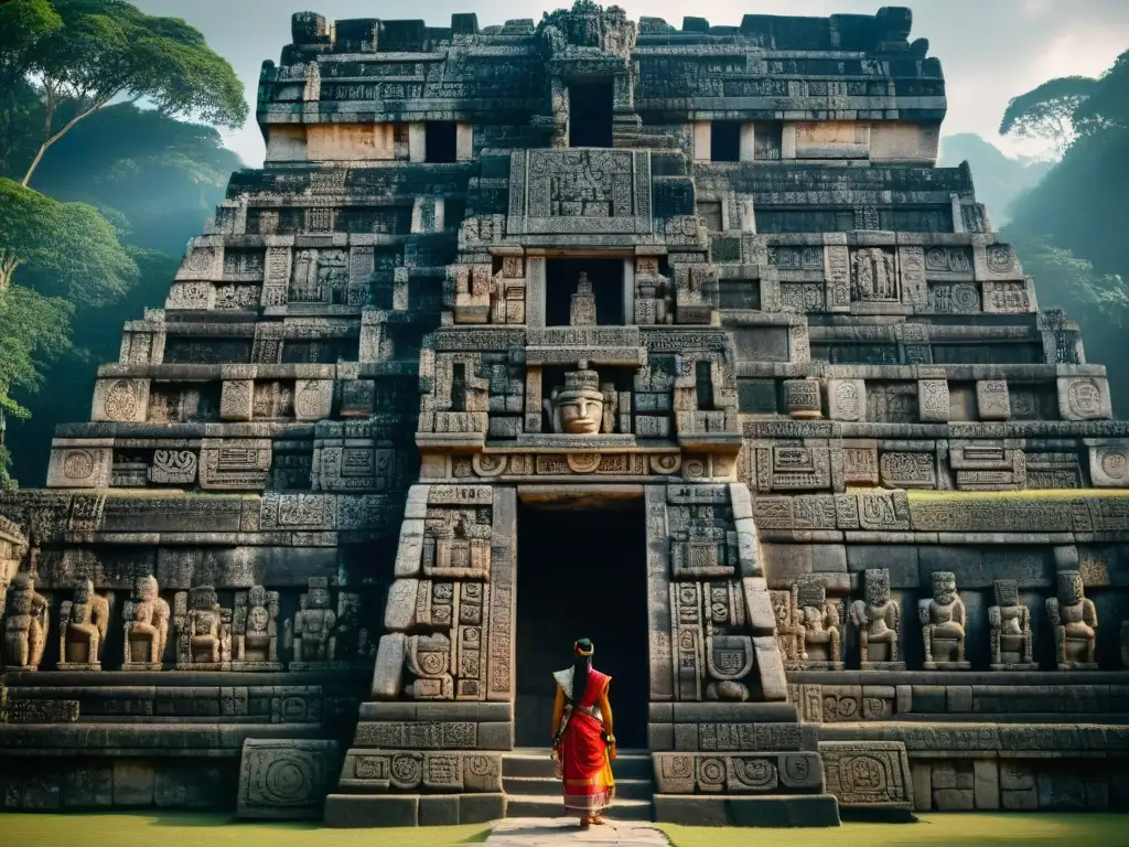 Detalles impresionantes de las esculturas en piedra en un templo maya, resaltando la precisión y arte de esta civilización antigua