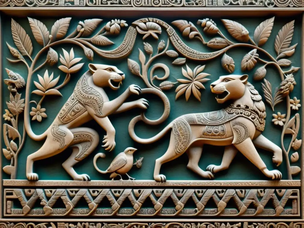 Detalles impresionantes de fauna en relieves mayas, destacando la maestría artesanal y la rica biodiversidad de la región