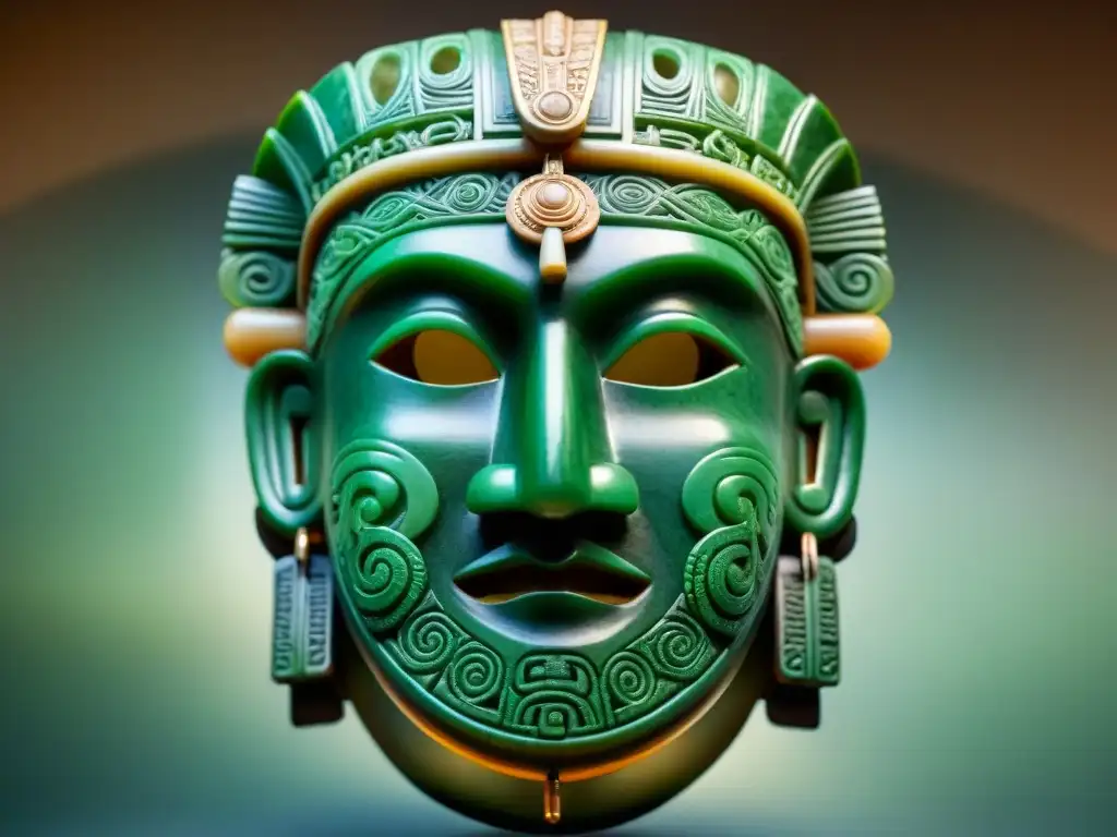 Detalles impresionantes de una máscara maya de jade, resaltando la artesanía y la cultura