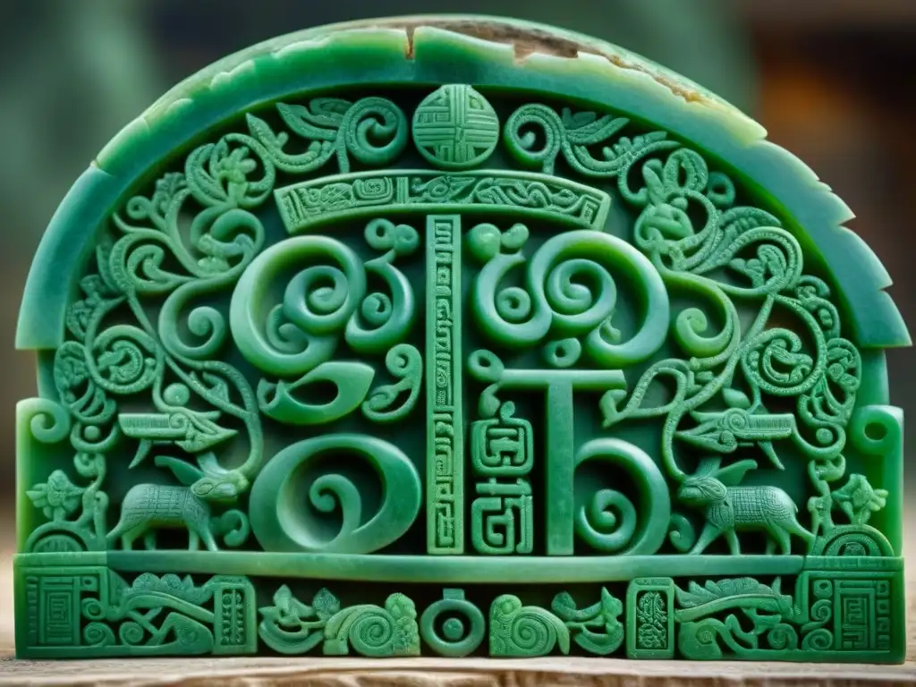 Detalles impresionantes de monedas de cambio en el imperio maya en jade, reflejando la riqueza cultural y artesanal de la civilización