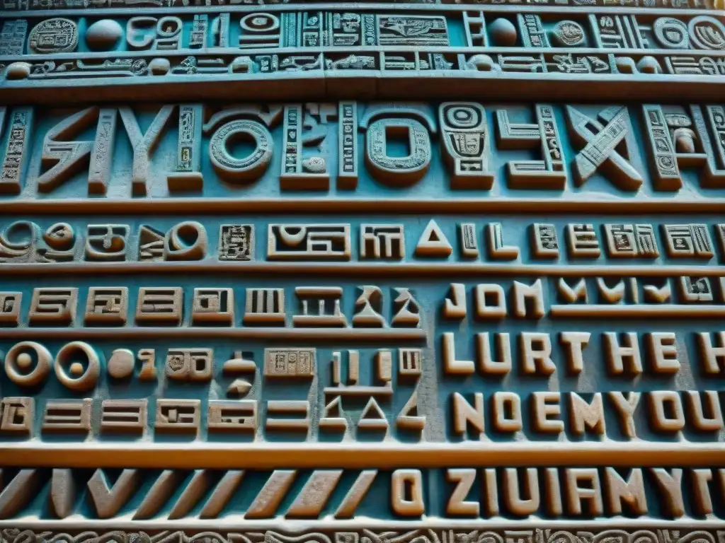 Detalles impresionantes de inscripción numérica maya en piedra