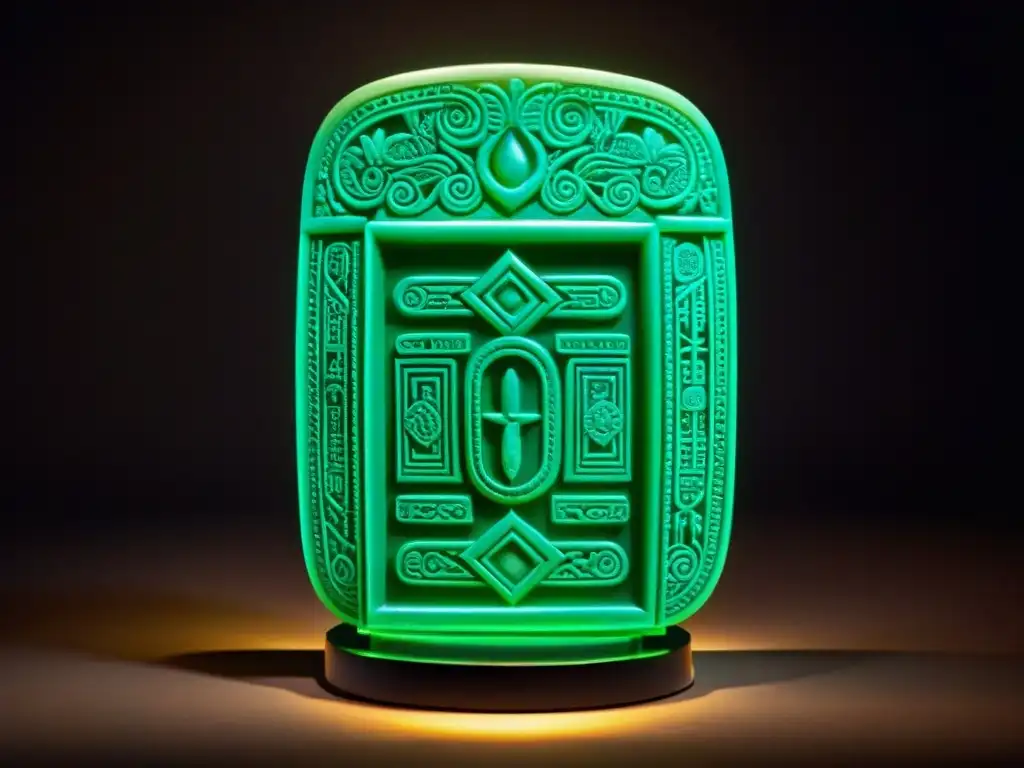 Detalles impresionantes de una pieza de jade maya tallada, iluminada en un museo