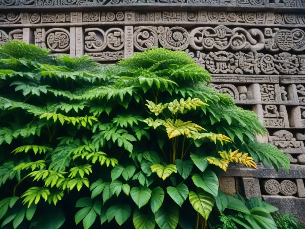 Detalles impresionantes de símbolos vegetales mayas en la arquitectura antigua