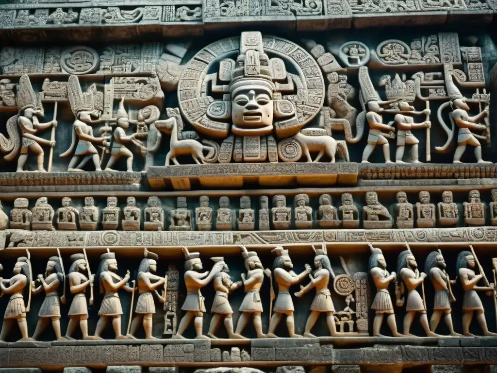 Detalles impresionantes de las talladas figuras del dios maya de la muerte en el Templo de las Inscripciones en Palenque, México