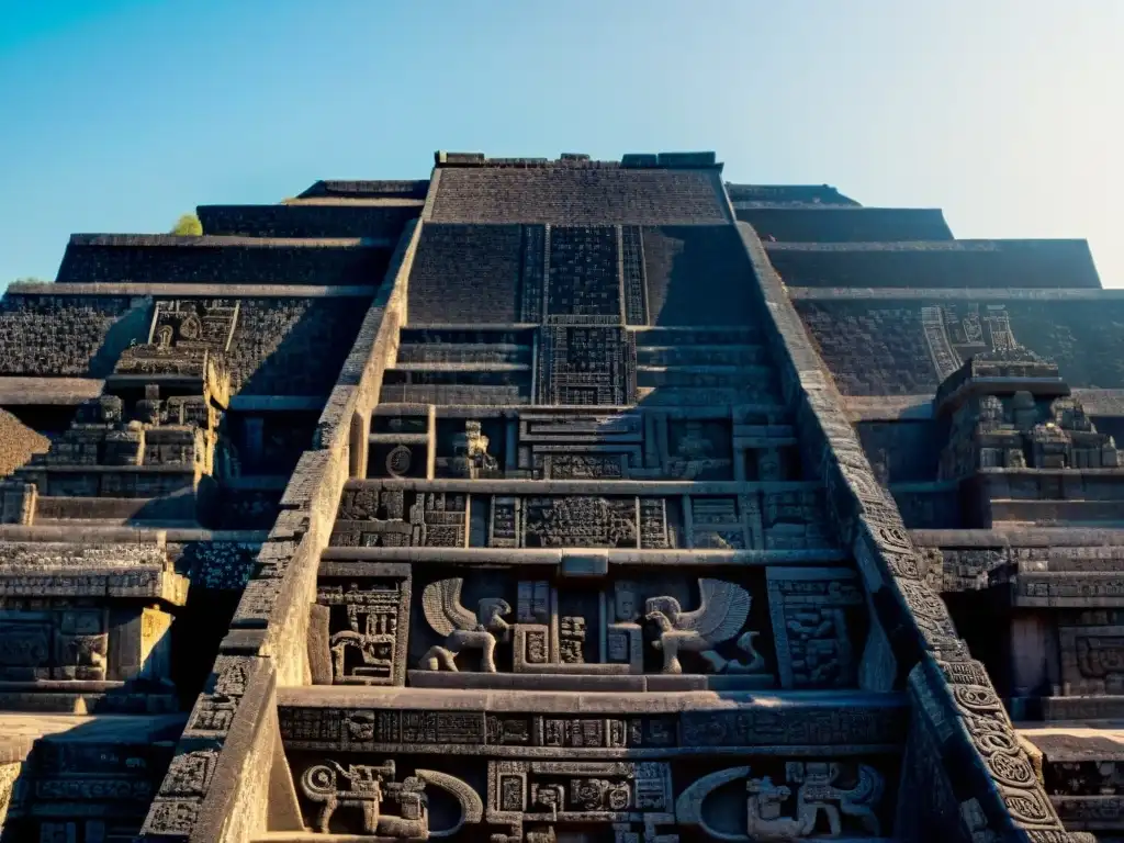 Detalles impresionantes del Templo de la Serpiente Emplumada en Teotihuacán, resaltando la influencia en la demografía Maya