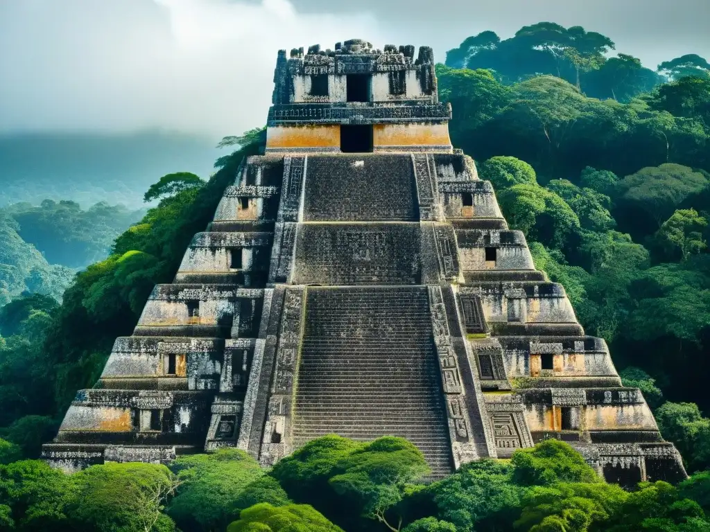 Detalles de las inscripciones en monumento de Tikal, era maya baktunes y piktunes